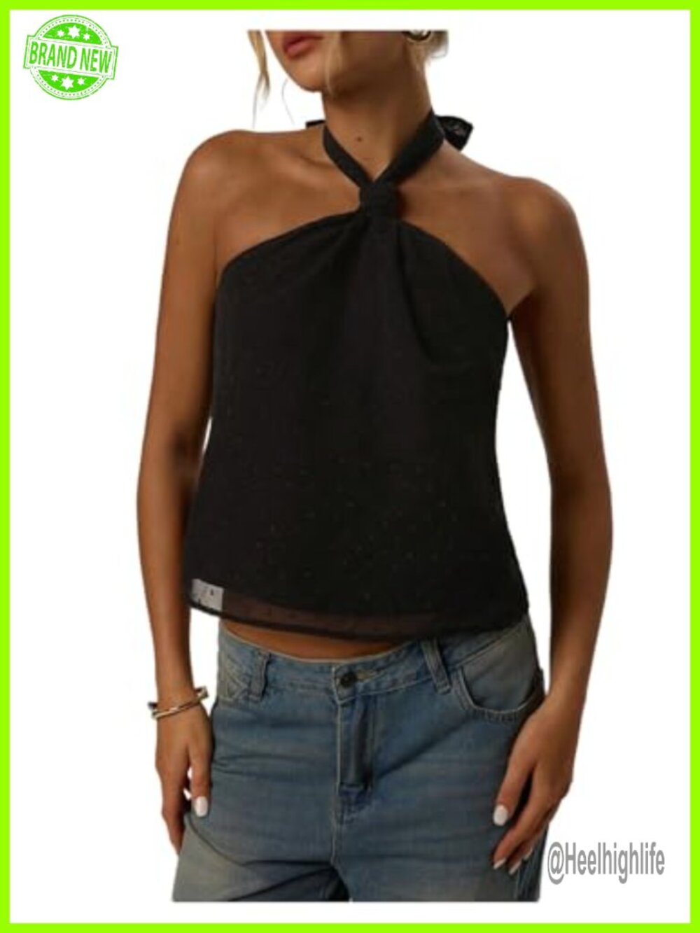 Tie Back Halter Tank Top Sheer Swiss Dots Sleeveless Summer